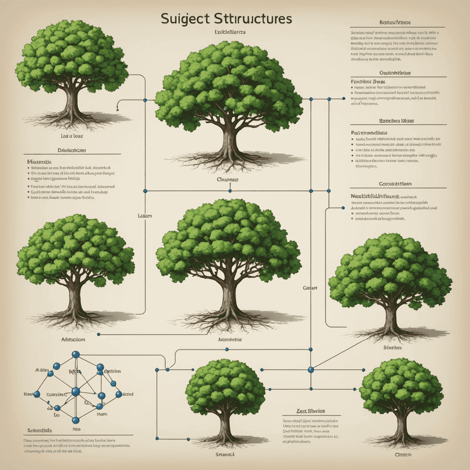 Diagrama que muestra diferentes estructuras de datos como árboles, grafos y listas enlazadas, junto con pseudocódigo de algoritmos comunes